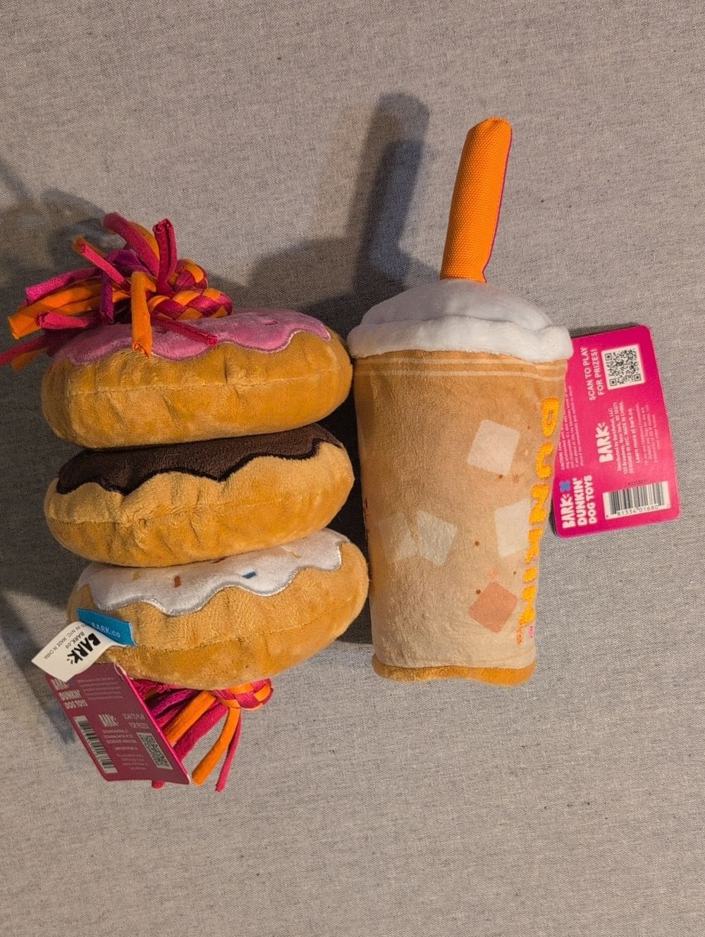 Bark Dunkin Plush Donut Stack & Iced Coffee Toy - Pink, Orange, Brown